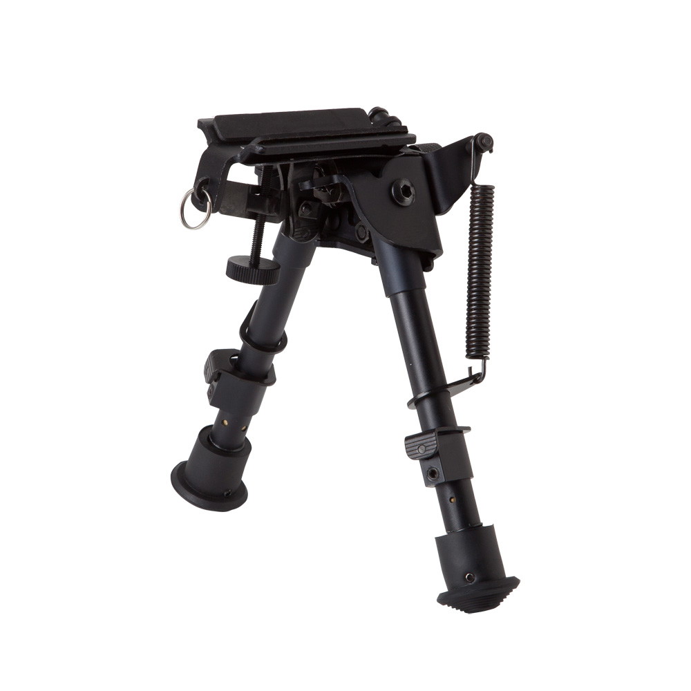 Zweibein-Stativ aus schwarzem Metall für Airsoft-Waffen, verstellbare Beine mit Federmechanismus.