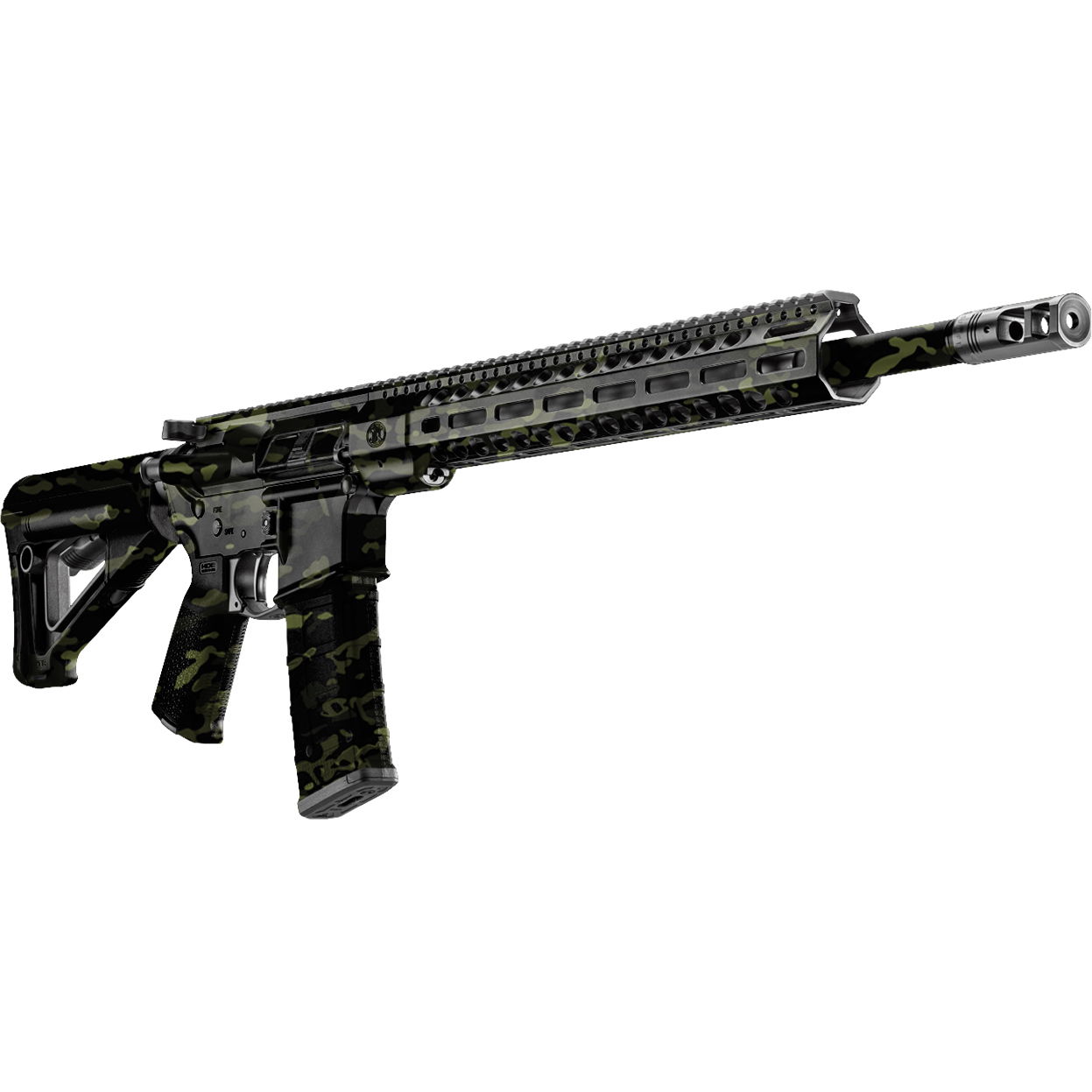 Airsoft-Gewehr im Tarn-Design, modernes Gehäuse mit langem Lauf, taktischer Stil.