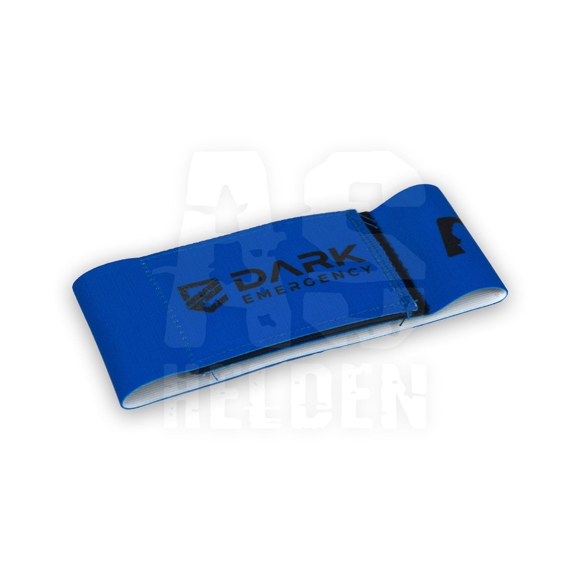 Blaues Airsoft-Armband mit "Dark Emergency" Aufdruck, elastisch und verstellbar.