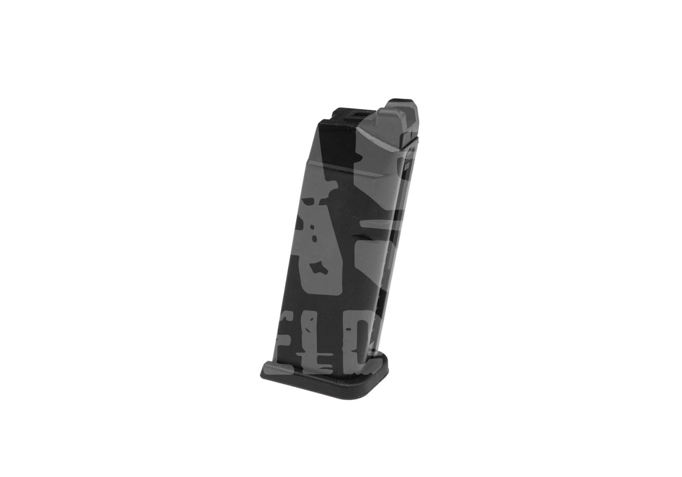 Airsoft Magazin mit Tarnmuster in Grau und Schwarz, stehend auf weißem Hintergrund.