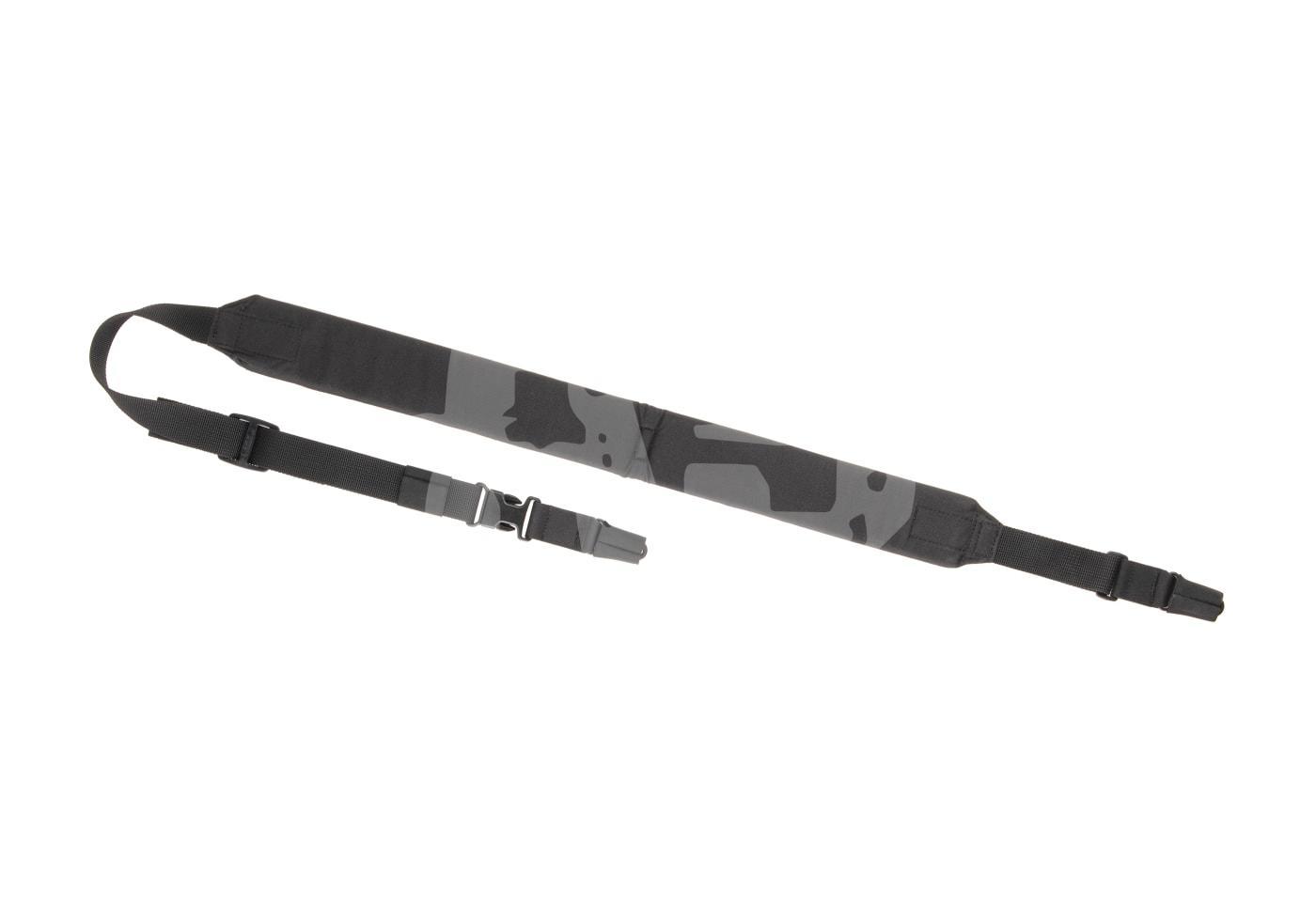 Taktischer Gewehrgurt, schwarz-graues Tarnmuster, verstellbar für Airsoft-Einsätze.