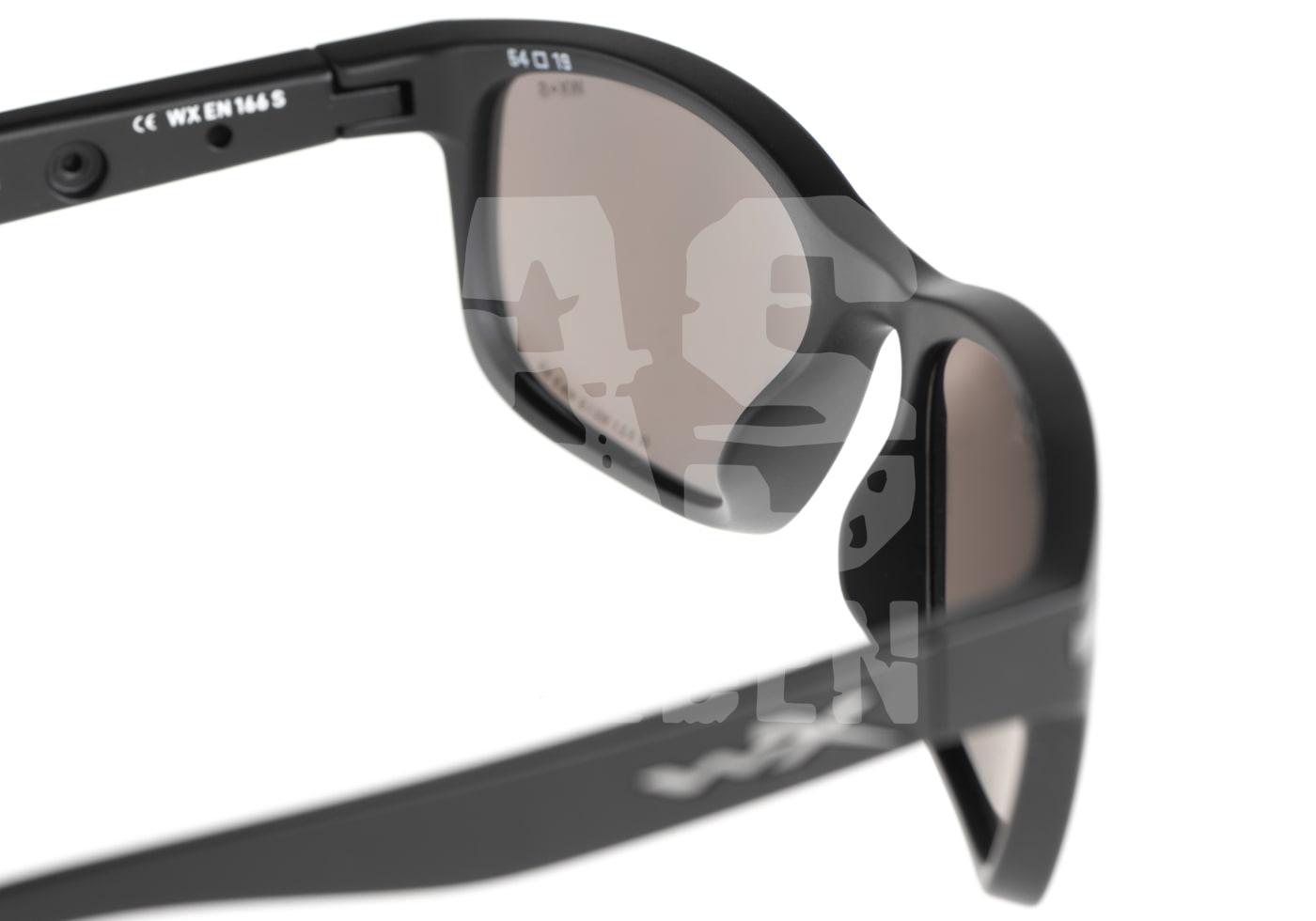 WX Helix Grey Schwarze Schutzbrille mit getönten Gläsern für Airsoft-Aktivitäten, seitlich betrachtet.